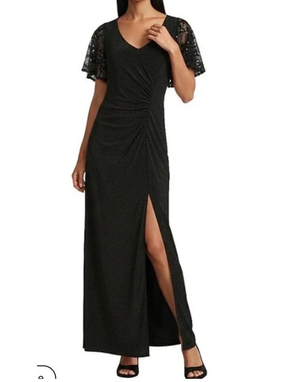 Branne Milay Black V-Neck Maxi Dress with Sequin Flutter Sleeves Sz 12 Pre-owned
